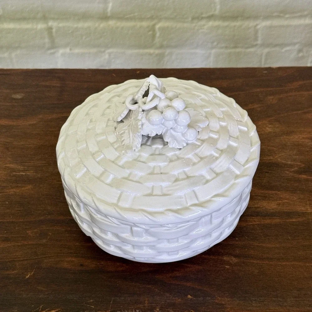 Vintage Italian White Ceramic Basketweave Lidded Dish Grape Motif Made in Italy